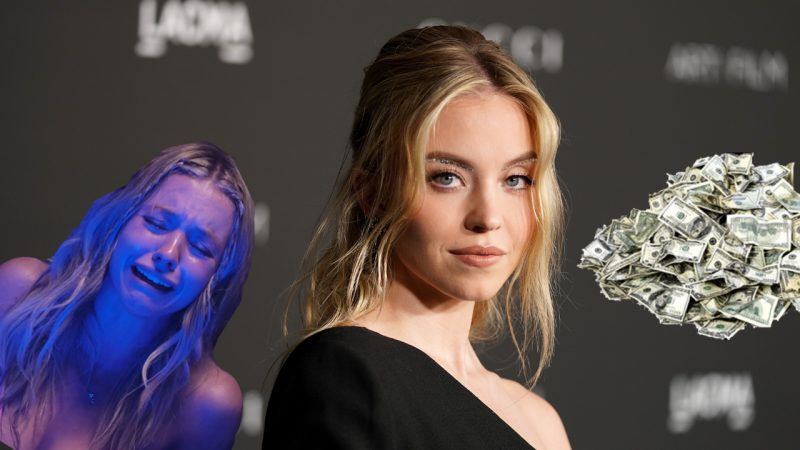 Sydney Sweeney at red carpet, as well as her crying in Euphoria and a pile of money