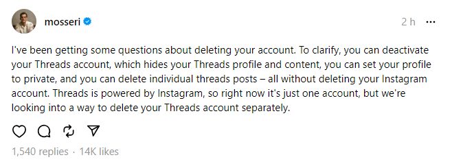 Threads profiles can only be deleted by deleting your Instagram account