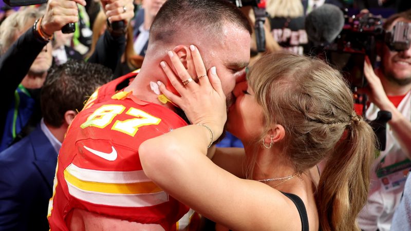 Taylor Swift and Travis Kelce share celebratory kiss after Chiefs win Super Bowl 2024