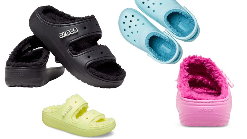 Various angles of the crocs lined with fluff inside