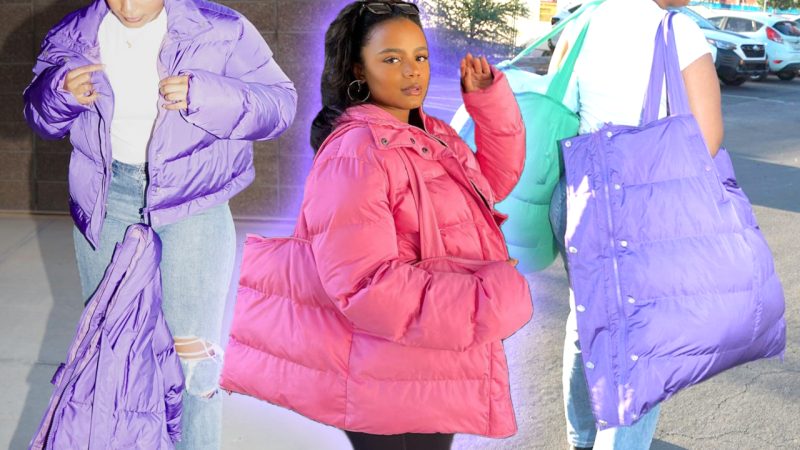 This puffer jacket zips into a tote, so lemme secure that bag