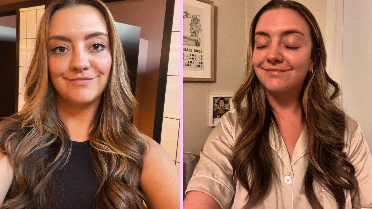 Left - My hair after a day in the office and right - after a shower, just before bed 